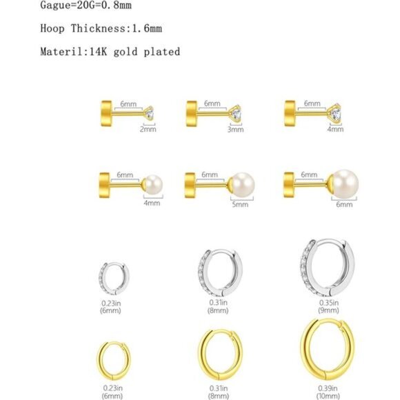 12 Pairs Gold & Silver Hoop, CZ, and Pearl Stud Earring Set Minimalist Style - Picture 3 of 6